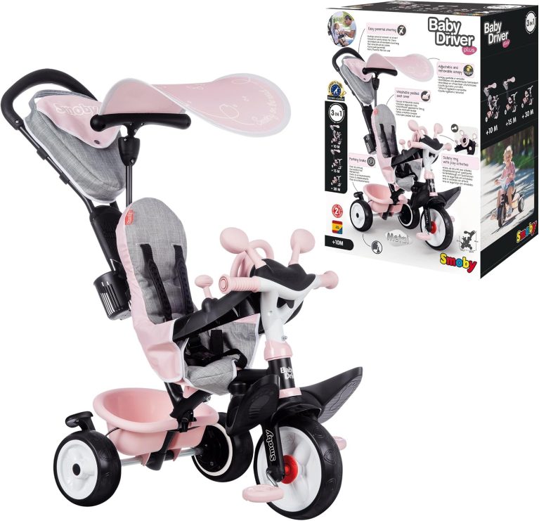 Smoby - Tricycle Baby Driver Plus Rose - Vélo Evolutif Enfant Dès 10 Mois - Roues Silencieuses - Frein de Parking